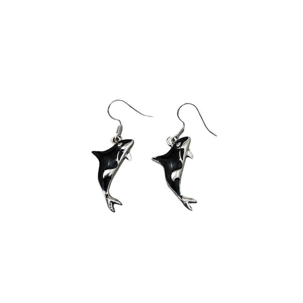 Retro Novelty Silver Black White Orca Killer Whale Dangle Earrings